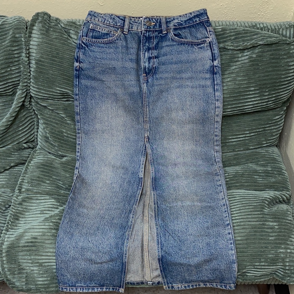Mango Light Blue Denim Midi Skirt with Front Slit